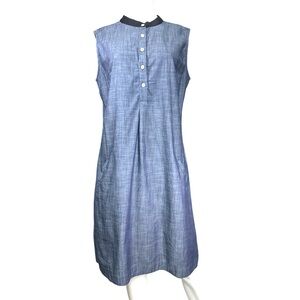 eShakti Chambray Cotton Midi Dress Sleeveless Front Pockets 16